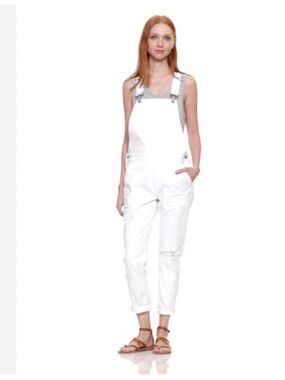 GAP 1969  Denim Slouch Ankle Destructed Overalls white stretch womens sz medium